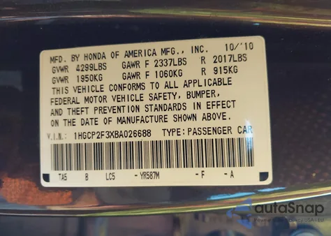 2011 Honda Accord 2.4 Lx из США, поврежденный, VIN 1HGCP2F3XBA026688